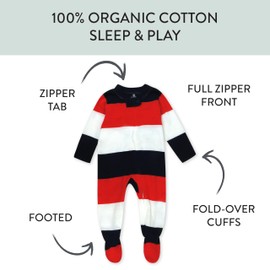 Honestbaby Baby Celebration Sleep & Play Footed One-Piece Pajama Sleeper 100% Organic Cotton, Bold Stripe Red White Blu, 6-9 Months