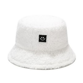 Unisex Fuzzy Bucket Hats Cute Smile Vintage Cloche Winter Faux Fur Caps Outdoor Fisherman Hats for Teen Girls White