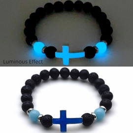 DATOA 8mm Matte Lava Rock Beaded Bracelet for Women Men Luminous Cross Stretch Bracelet Religion Faith Jewelry-Blue1