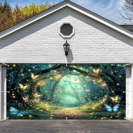 Enchanted Forest Garage Door Decoration Backdrop 16 x 7 ft, Spring Fairy Forest Magic Fantasy Wonderland Tree Butterfly Flower Garage Door Cover Garage Decor Outdoor Wall Banner