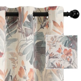 MYSKY HOME Floral Curtains 63 inches Long Printed Linen Style Curtains for Living Room Light Filtering Cotton Burlap Effect Drapes Flower Leaf Grommet Window Treatments 2 Panel Coral and Natural
