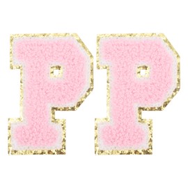 PATIKIL 2 Pcs Iron on Letter Patches, Chenille Glitters Letter Patch Pink, Alphabet P