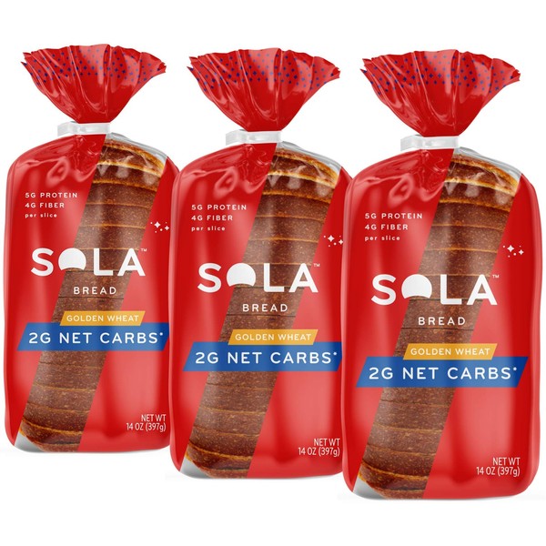 Sola Golden Wheat Bread – Low Carb, Low Calorie, Reduced Sugar, 5g Protein Per Slice – 14 OZ Loaf of Sandwich Bread (Pack of 3)