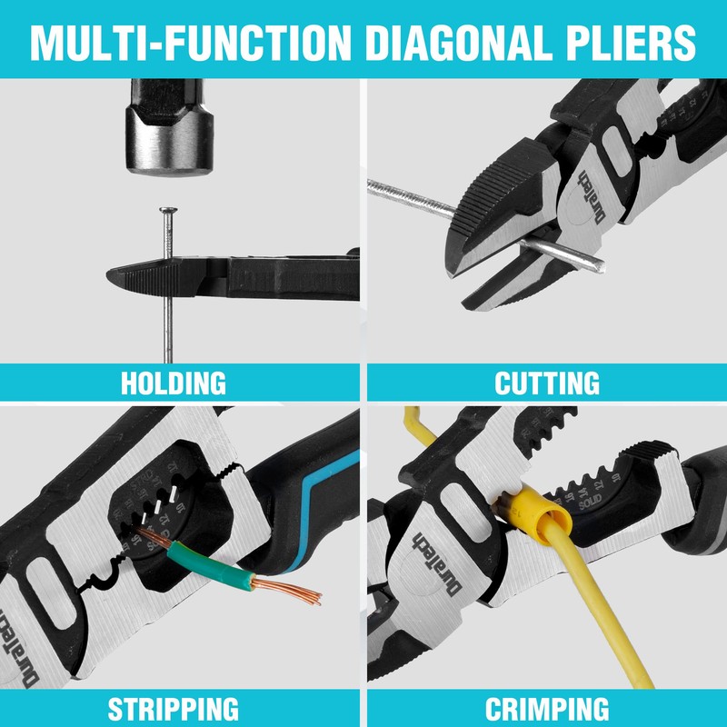 DURATECH 4-in-1 Diagonal Cutting Pliers, 8" Multifunction Heavy Duty Side-Cutting