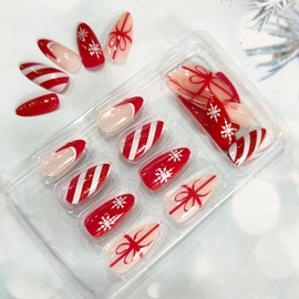 Christmas Press on Nails Medium Almond Fake Nails with Snowflake Designs Christmas Hat French Tip False Nails Glossy Glue on Nails Christmas Nails Gift Xmas Stick on Nails for Women Girls 24Pcs