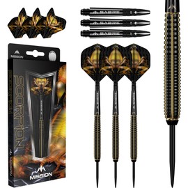 Mission | Scorpion Darts | Black & Gold | Electro Plate | Steel Tip Darts Set | 90% Tungesten | Available in Multiple Weighs. (24, Grams)