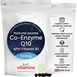 CoQ10 Supplement 120mg + Vitamin B1 | 90 Softegel Capsules | Heart Health & Powerful Antioxidant | Naturally Fermented CoEnzyme Q10 | UK Made - Just Vitamins