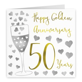 Hunts England - 50th Wedding Anniversary Card - Happy Golden Anniversary - 50 Years - Silver Hearts Collection - For Couples, Friends, Him, Her