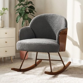 Jocisland Rocking Chair Nursery, Glider Rocker Upholstered Teddy with Modern Solid Wood Handrail, Comfy Accent Reading Chairs Recliner for Living Room Bedroom Nursing, Grey