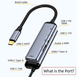 chenyang CY USB C HUB, USB tipo C a audio de 3.5 mm y 2 puertos USB A y 1 puerto de datos USB C, adaptador multipuerto con puerto de alimentación PD de 100 W