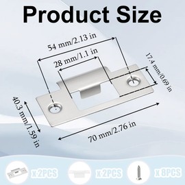 2 Sets Door Strike Plate Stainless Steel Door Latch Plate 70mm x 40.3mm Mortice Lock Plates with Dust Box and Matching Screw for Internal Door Repairing Fixing