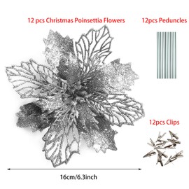 12PCS Christmas Large Poinsettia Glitter Flower Tree Hanging Xmas Decor,16CM Silver Artificial Flowers with Clips Glitter Poinsettia Christmas Wreath Tree Ornaments for Christmas Tree Decorations