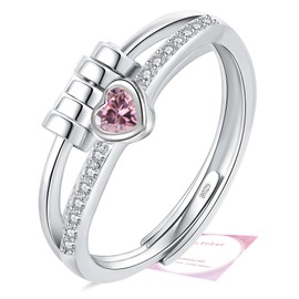 Birthstone Jewellery for Women, Adjustable October Birthstone Cubic Zirconia Ring, Sterling Silver Plated Fidget Gifts, Pink Anxiety Heart Rings for Daughter Birthday Christmas