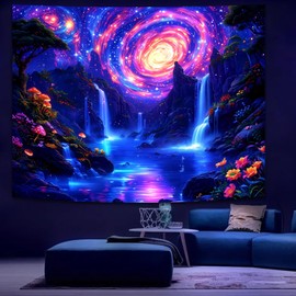 Manicer Blacklight Galaxy Waterfall Neon Tapestry – UV Reactive Glowing Cosmic Spiral Sky Glow in the Dark Nature Fantasy Landscape Wall Art for Bedroom – 51.2" x 59.1"