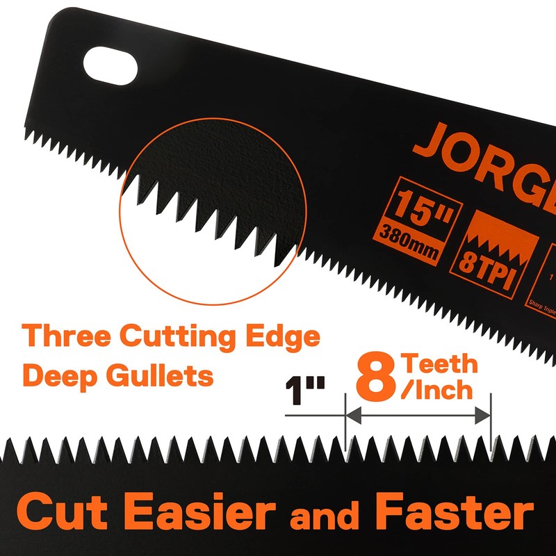JORGENSEN 15” Hand Saw, Black Coated Coarse Handsaw 8TPI for