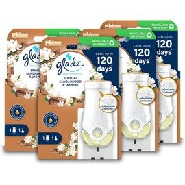 Glade Plug in Air Freshener Holder and Refill, Electric Scented Oil Room Air Freshener, Sandalwood & Jasmine, Pack of 4 Starter Kits, (4 x Holder and 4 x 20 ml Refill)