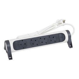 LEGRAND, Rotating Power Strip, 4-Way Socket, Multiple Socket, Wall or Table Mounting, LED On/Off Switch, 3 m Cable, Ultra White/Dark Grey, 694536