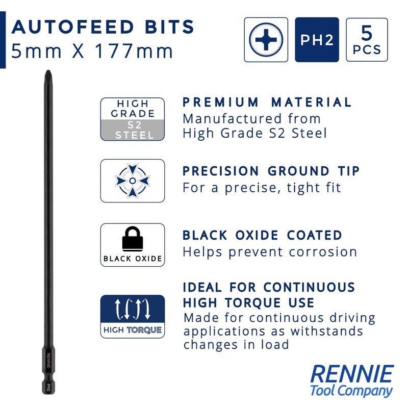 5 x Rennie Tools 177mm Long PH2 Compatible with Makita