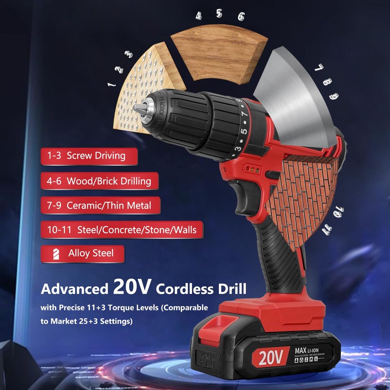 20V Power Drill Cordless, Cordless Drill with Battery and Charger