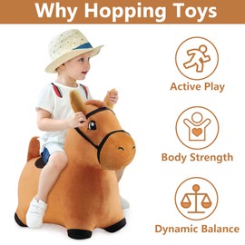 iPlay, iLearn Bouncy Pals Brown Hopping Horse, Toddler Plush Animal Hopper Toy, Kids Inflatable Ride on Bouncer W/Pump, Indoor Outdoor Jumper, Birthday Gifts for 18 24 Months 2 3 Year Old Boys Girls