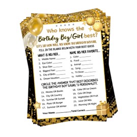 HOMANGA Who Knows The Birthday Boy Girl Best, Birthday Game Cards for Party Activities, Game Cards for Teens Kids Girls Boys Sleepover Party - Set of 30 (Black & Gold, Double-Sided)