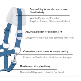JA Horse Faux Fur Halter Lead Rope Set with Carabiner Hook Adjustable Horse Halter Horse Wooden Horse Tie Rope (Faux Fur Snap Hook Blue, Pony)