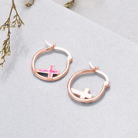 Twoowl Cross Earrings 925 Sterling Silver Rose Gold Pink Opal Hoop Earrings Religious Christian Jewellery for Women