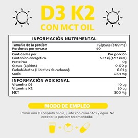 Vitamina D3 + K2 + MCT Oil | Sin Azúcar - Suplemento Alimenticio Vegano Beyond Vitamins - Ingredientes NON GMO (60 Cápsulas)