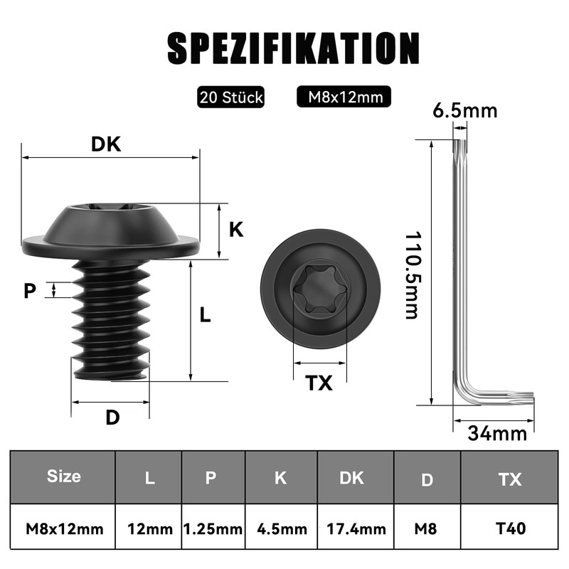 Pack of 20 Pan Head Screws, Torx Pan Head Screws,