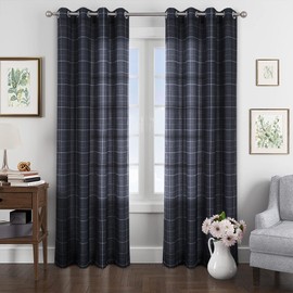 always4u Linen Look Plaid Curtains Modern Black Check Curtain for Living Room Bedroom 84 Inches Long Grommet Farmhouse Window Drapes Set of 2