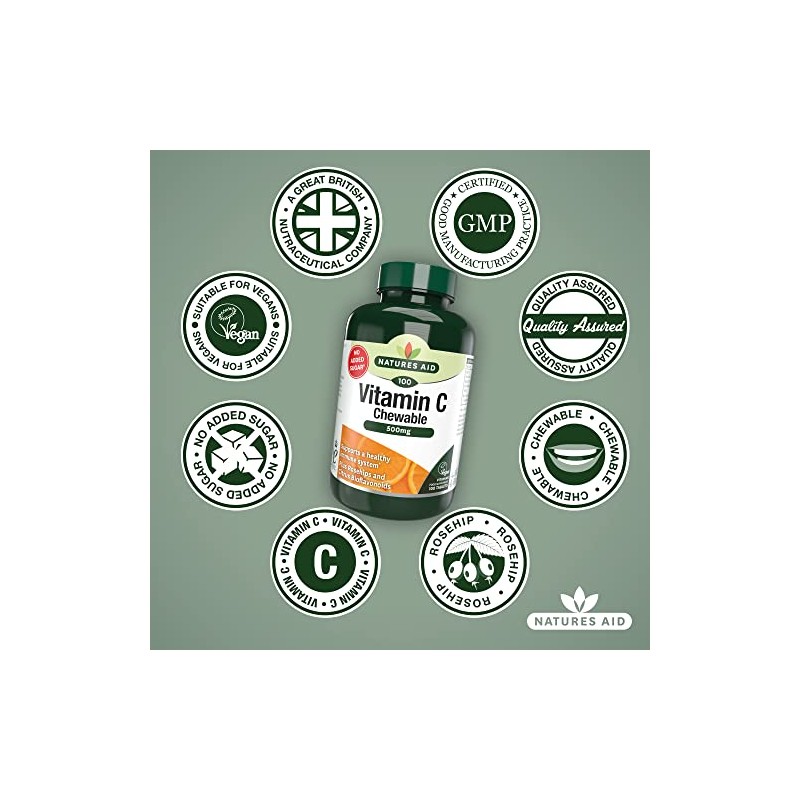 Natures Aid Chewable Vitamin C 500 mg, Sugar Free, Suitable