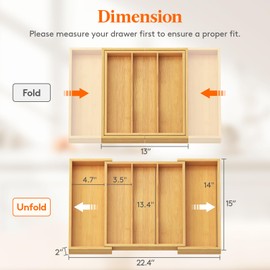 Lifewit Utensil Organizer for Kitchen Drawer, Expandable Cooking Utensil Tray, Bamboo Cutlery Silverware Flatware Holder, Adjustable Spatula Tools and Gadgets Storage Divider, Large, Natural