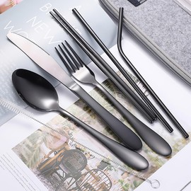 Travel Utensil Set, Reusable Stainless Steel Flatware Set with Case, Portable Camping Cutlery Set for Lunch Box Bag, 8-Piece Travel Kit Silverware Dinnerware Set (Black)