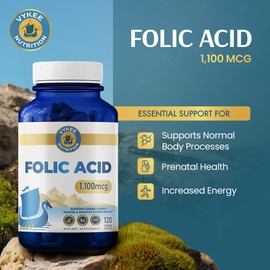 Vykee Nutrition Folic Acid Capsules - Supports Body Processes, Prenatal Health and Energy - Vitamin B9 Supplement for Women - Vegan, Non-GMO, Gluten Free - 1100 mcg, 120 Count