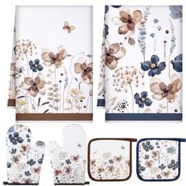 Teenyyou 8 Pcs Spring Brown Poppy Floral Kitchen Towels Oven Mitts and Pot Holder Sets Farmhouse Summer Wildflower Decoration for Home Cleaning Daily Kitchen Cooking Baking Grilling Gifts for Mother