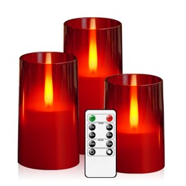 JINYANIA Flameless LED Candles, Upgraded Realistic Flickering Flame Pillar Candles, Battery Operated Candles with Remote Timer, Acrylic Electric Candles Set of 3 (D 3 "xH 4" 5 "6")（Red）