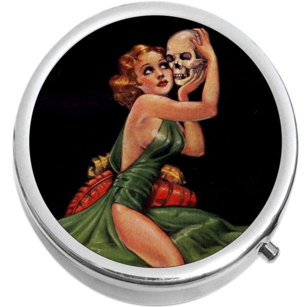 Vintage Pin Up Girl Weird Tales Medicine Pill Box - Portable Pillbox case fits in Purse or Pocket