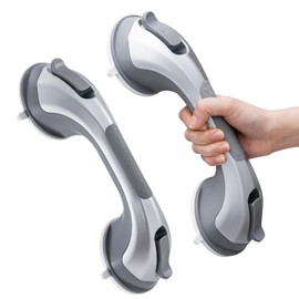 LEVERLOC Grab Bars for Bathtubs and Showers 2 Pack Suction Grab Bar, Heavy Duty 12 Inch Shower Handle Removable Handrails for Seniors and Elderly, Bathroom Safety Grip No Drilling Waterproof Silver
