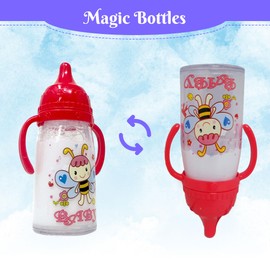 Baby Doll Bottles with Magic Disappearing Milk & Juice Playset, 6pc Pretend Baby Doll Accessories Set 4 Doll Feeding Toy Bottles and 2 Pacifiers, Great Gift for Kids, Toddlers and Little Girls