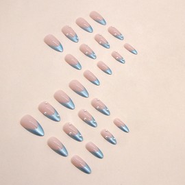 Blue Aurora French False Nails Almond Press on Nails Medium Pearl French Tip Fake Nails Reusable Nails Full Cover Acrylic Nails Artificial Coffin Nails DIY Stick on Nails Set Glue on Nail for Women