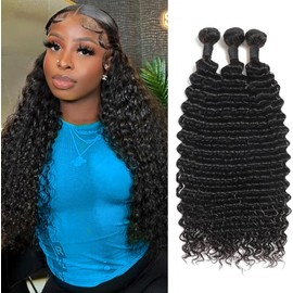 Human Hair Bundles (16 18 20 Inches) Deep Wave 3 Bundles Human Hair Brazilian Hair Bundles Human Hair Weft Human Hair Extension Natural Colour 70 g/Bundle (Total 210 g)
