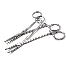 Combination of 2 Chrome Mosquito Hemostat Forceps 5" Curved + Straight Pliers Stainless Steel