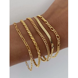 DEARMAY 14K Gold Plated Bracelets for Women Trendy Gold Jewelry Set for Women Cuban Link Chain Figaro Paperclip Rope Herringbone Bracelet Pack Gifts