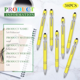 Zonon 38 Pieces Rubberized Ballpoint Pen with Stylus Tip Stylish Metal Pen Capacitive Styli with Soft Rubberized Grip, Black Ink for Most Devices(Yellow)