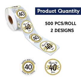 REWIDPARTY White Gold 40th Birthday Stickers Rolls Cheers to 40 Years Stickers Happy 40th Birthday Stickers Birthday Party Favors Anniversary Party Decorations Adhesive Party Stickers(500 Per Roll)
