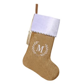 Yehnois 19.5 Inches Initial Monogram Christmas Stocking,Gold & White Velvet Embroidered Gold Letter Stocking with Tassel Decoration,Xmas Fireplace Holiday Party Decor(Gold Letter M)