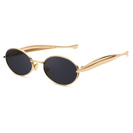 DIMENSIP Retro Oval Small Sunglasses for Women Men - Trendy Vintage Gold Metal Sun Glasses(Gold/Grey)