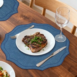 fanquare Navy Blue Round Placemats Set of 4, 15" Embroidered Scalloped Cloth Table Mats Washable Non-Slip Table Décor for Kitchen Dining Room Wedding Independence Day