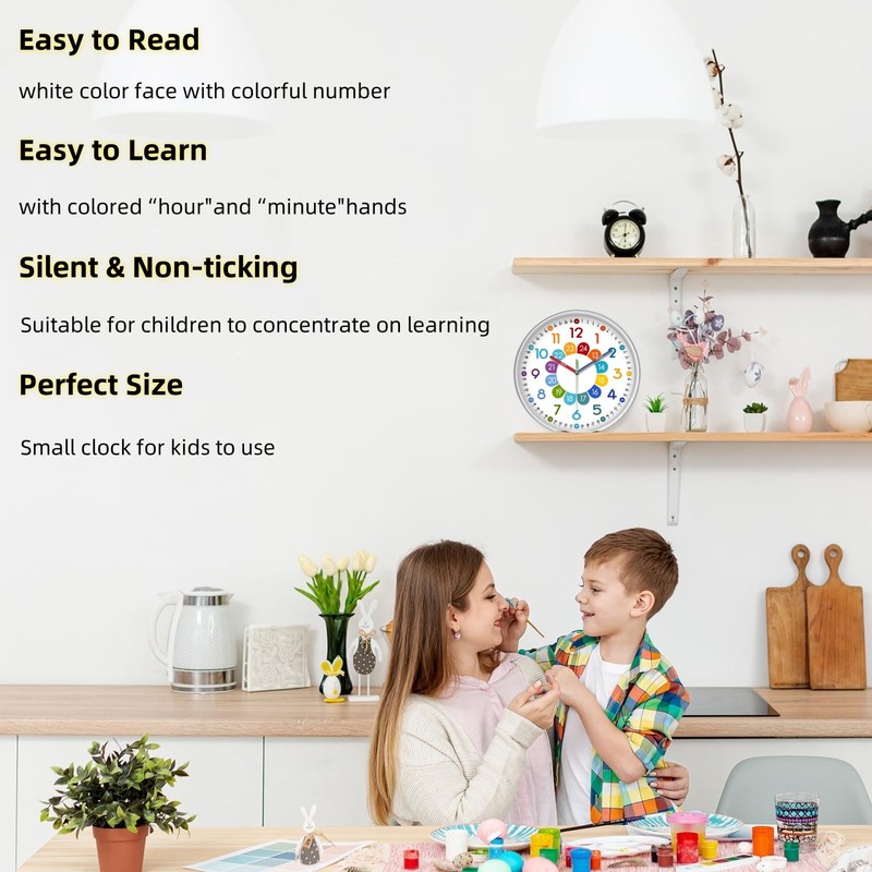 XFM Kids Wall Clock12 Inch Silent Non Ticking Kids Teaching