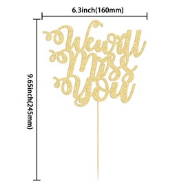 1 decoración para tartas con purpurina de We Will Miss You, corazón rojo con purpurina, buena suerte, decoración para tartas de jubilación, decoración de pasteles, color dorado